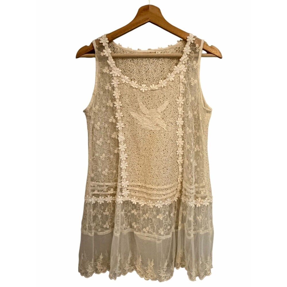 Womens Boho Cottage Sheer Lace Embroidered Top Size S Fairy Festival Coastal